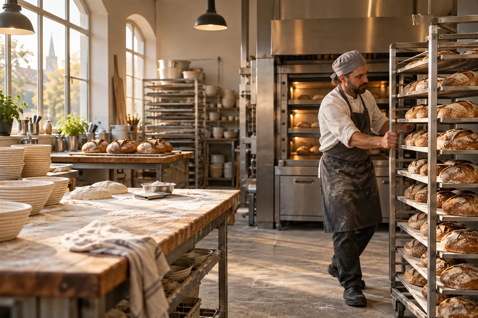 Bager arbejder ved ovn og brødreoler i et bageri