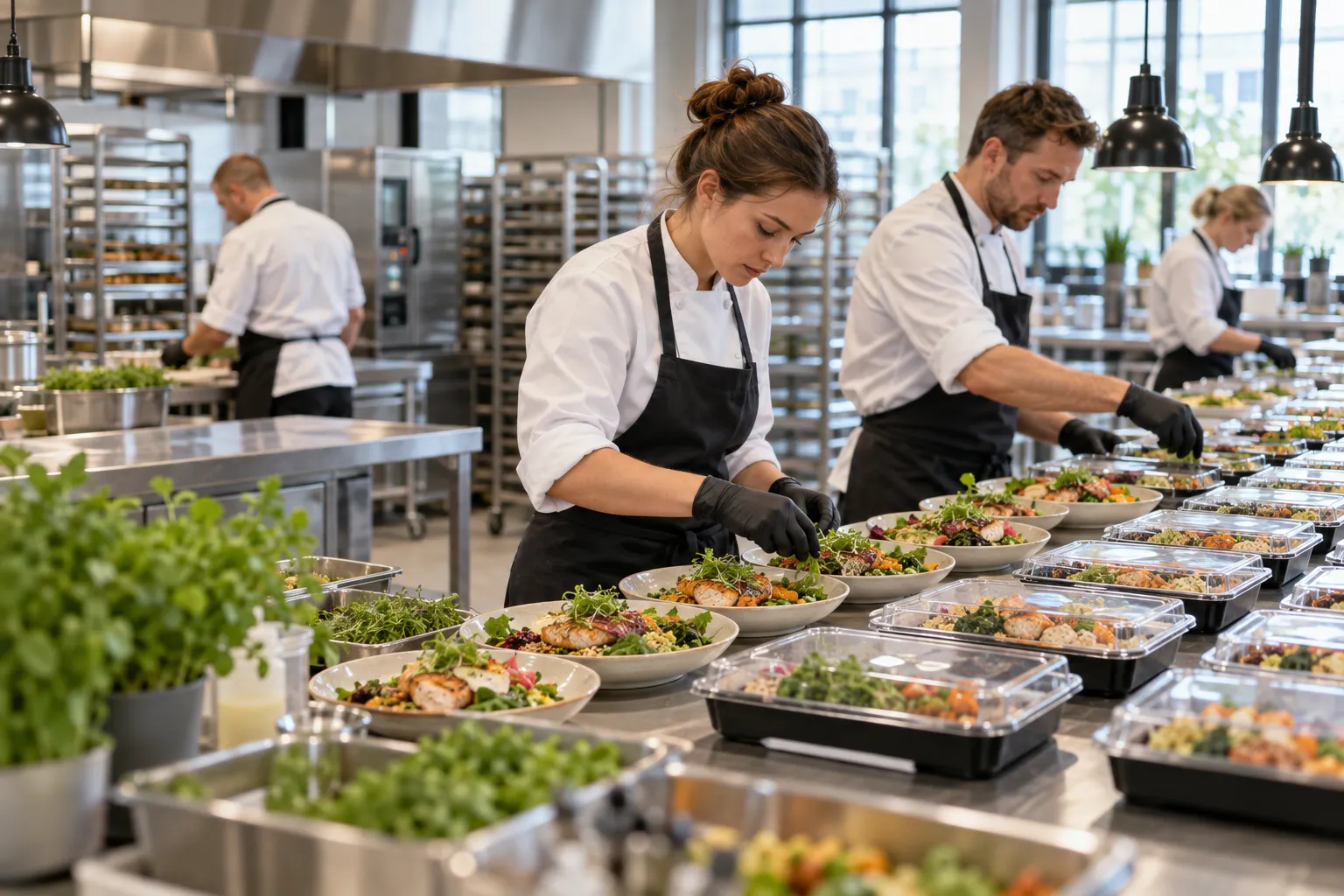 Cateringmedarbejdere klargør portionsanrettede måltider i et storkøkken