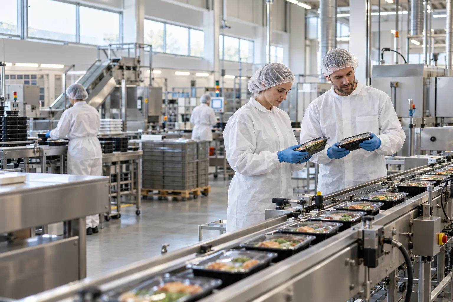Medarbejdere kontrollerer emballerede fødevarer ved et produktionsbånd