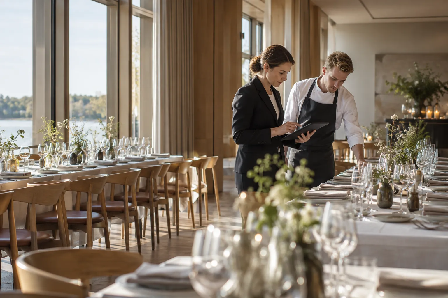 Hotelmedarbejdere koordinerer borddækning i et konferencelokale