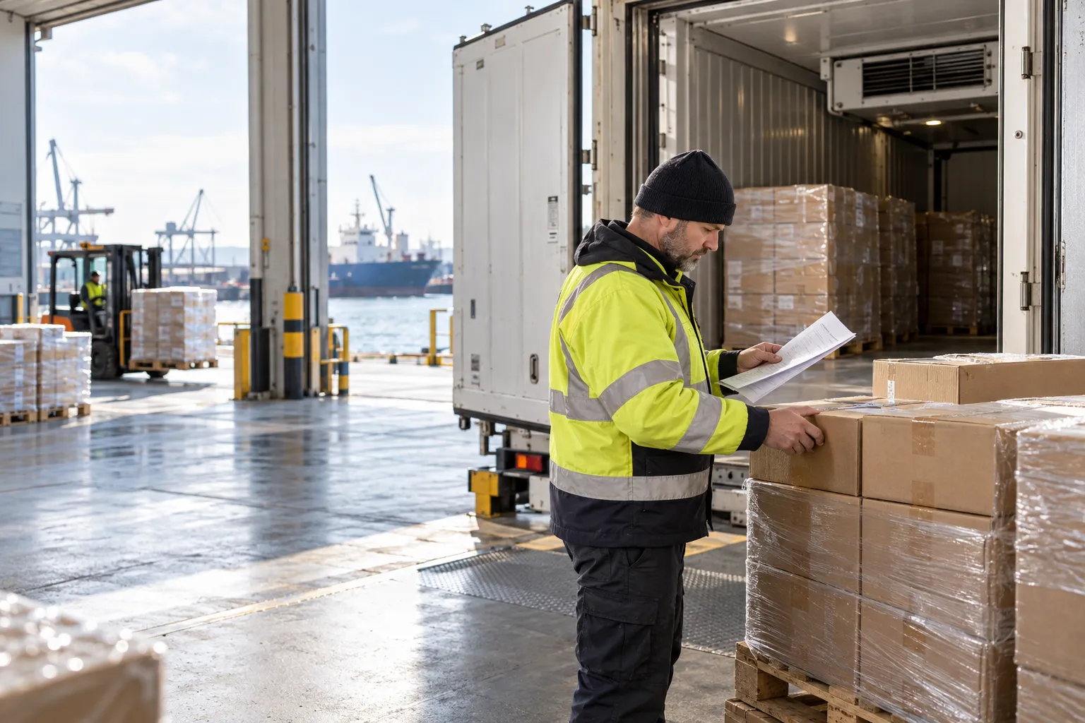 Logistikmedarbejder kontrollerer fødevarekasser ved en kølecontainer